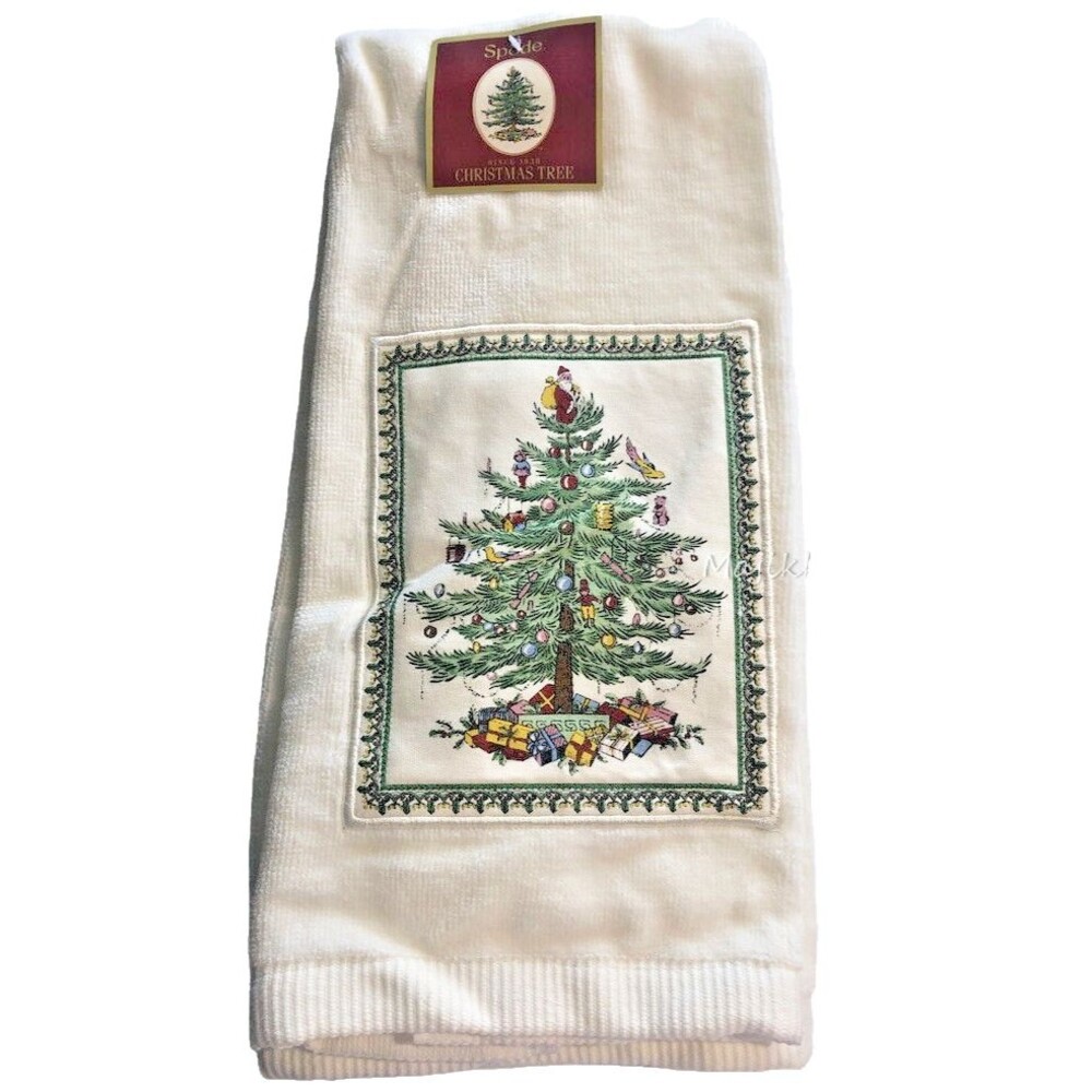 Christmas Tree Spode Dish Towel 100% Cotton White Appliqued 27x19 Holiday Winter